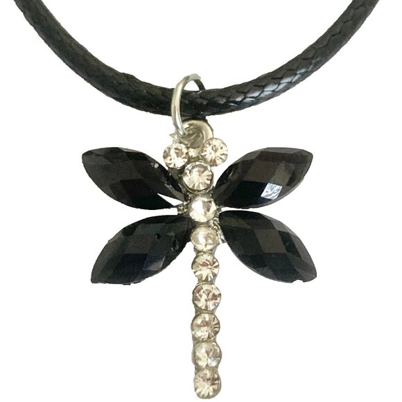 Vintage Dragonfly Necklace Insect Crystal Silver Plated Black Cord Stainless 18" - Picture 4 of 10